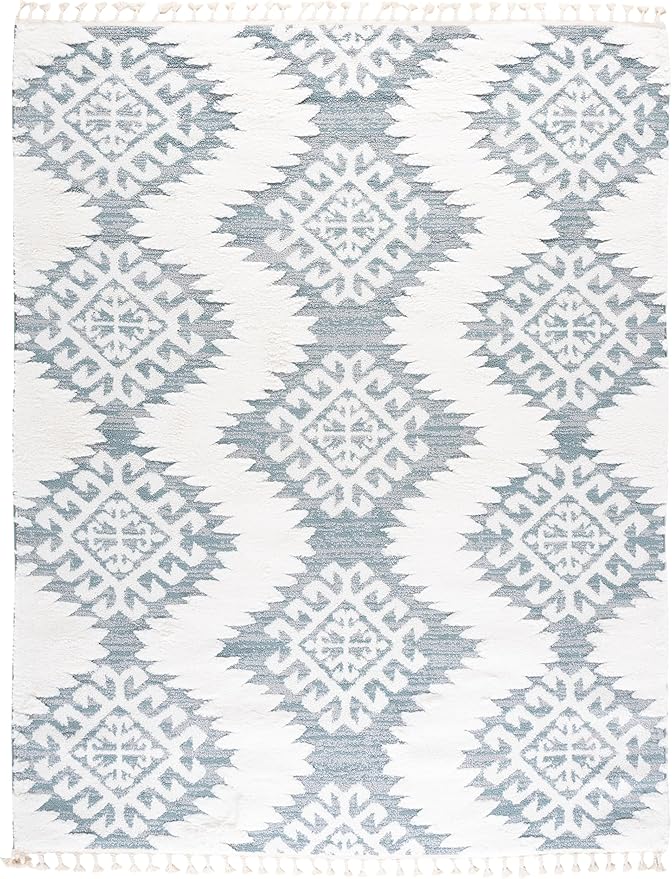 SAFAVIEH Moroccan Tassel Shag Collection Area Rug - 9' x 12', Teal & Ivory, Boho Rustic Trellis, Non-Shedding & Easy Care, 2-inch Thick Ideal for High Traffic Areas in Living Room, Bedroom (MTS652K)
