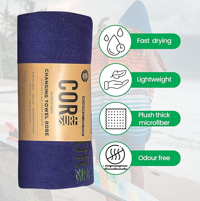 COR Surf Poncho Changing Towel Robe with Hood and Front Pocket | Thick Quick Dry Microfiber Wetsuit Poncho Towel for Surfing Beach Pool Swim (Medium, Cobalt)