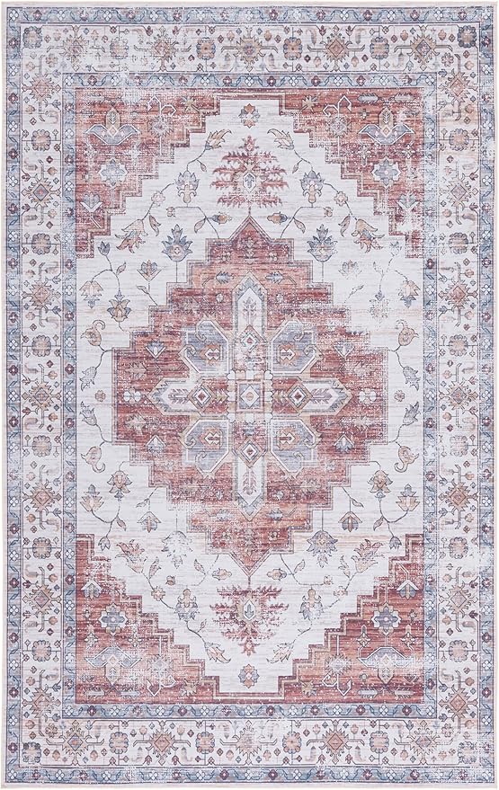 SAFAVIEH Washable Rug Tucson Collection - 4' x 6', Ivory & Rust, Slip Resistant & Easy to Clean, Ideal for Foyer, Kitchen, Nursery, Office, Bedroom (TSN109A)