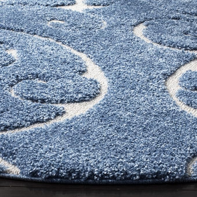 SAFAVIEH Florida Shag Collection Area Rug - 5' Round, Light Blue & Cream, Scroll Design, Non-Shedding & Easy to Clean, High-Low Plush Pile, Ideal for Living Room, Bedroom, Dining Space (SG455-6011)
