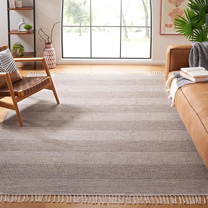 SAFAVIEH Montauk Collection Area Rug - 8' x 10', Ivory & Steel Grey, Handmade Flat Weave Boho Farmhouse Cotton Tassel Fringe, Ideal for High Traffic Areas in Living Room, Bedroom (MTK330M)