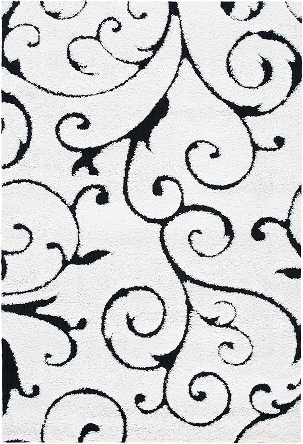 SAFAVIEH Florida Shag Collection Area Rug - 6' x 9', Ivory & Black, Scroll Design, Non-Shedding & Easy to Clean, High-Low Plush Pile, Ideal for Living Room, Bedroom, Dining Space (SG455-1290)