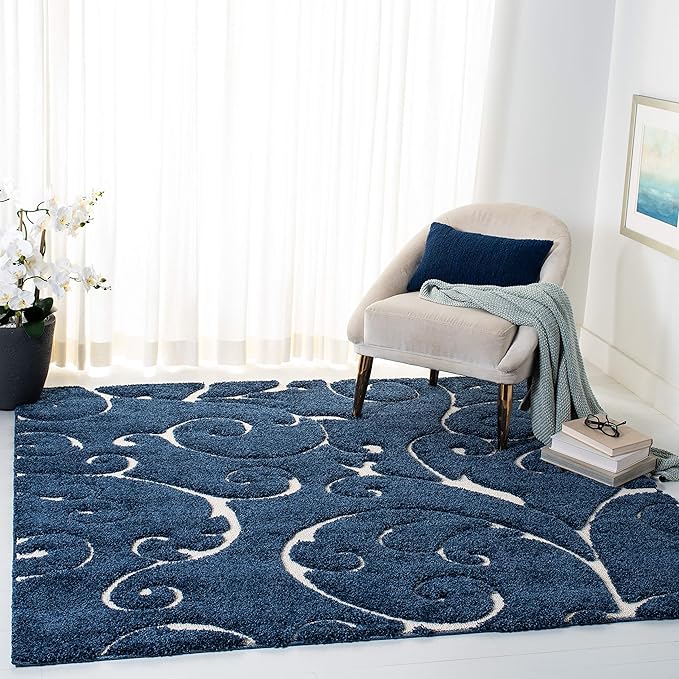 SAFAVIEH Florida Shag Collection Area Rug - 4' Square, Dark Blue & Cream, Scroll Design, Non-Shedding & Easy to Clean, High-Low Plush Pile, Ideal for Living Room, Bedroom, Dining Space (SG455-6511)
