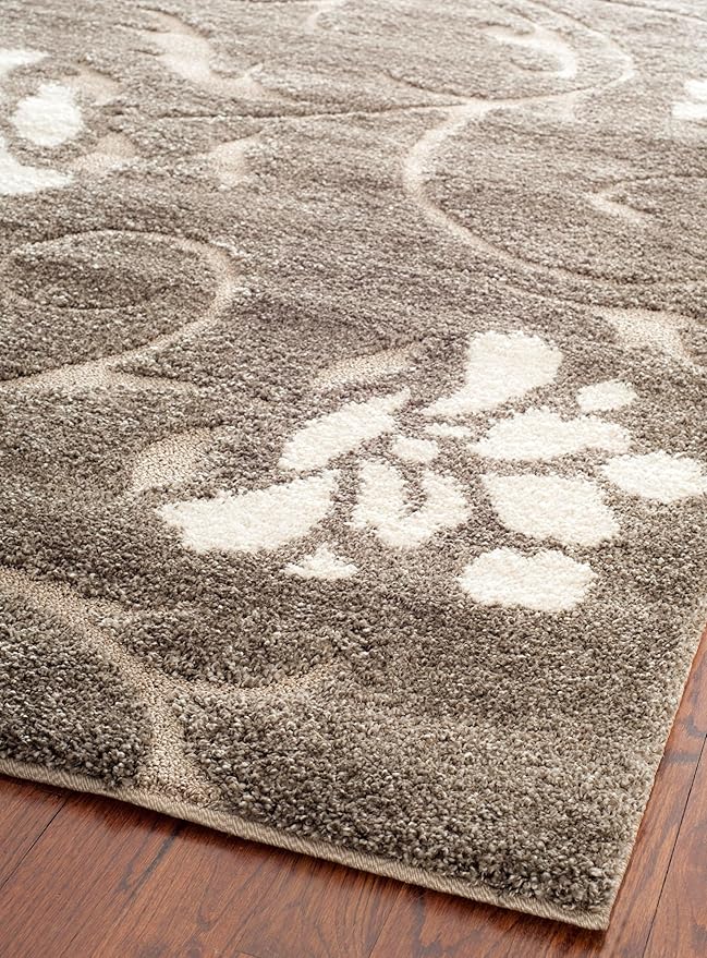 SAFAVIEH Florida Shag Collection Area Rug - 5' Round, Smoke & Beige, Floral Design, Non-Shedding & Easy Care, 1.2-inch Thick Ideal for High Traffic Areas in Living Room, Bedroom (SG464-7913)