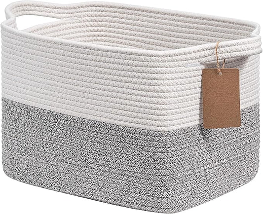 Goodpick Woven Storage Basket, Small Laundry Basket for Clothes, Towels and Shoes, Rope Square Gift Organizer with Handles, Gray and White, 13 x 10 x 9 Inches