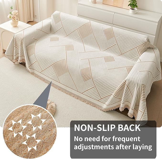 HAOMAIJIA Non Slip Couch Cover Sofa Covers for 3 Cushion Couch Washable sectional Couch Covers for Dogs pet Furniture Protector Couch Cover Blanket for Living Room (CQ-Khaki/Grey, 71"x134")
