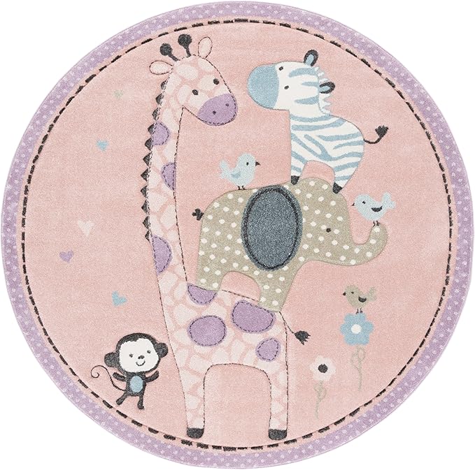 SAFAVIEH Carousel Kids Collection Area Rug - 6'7" Round, Blush Pink, Animal Design, Easy Care & Non-Shedding, Ideal for High Traffic Areas for Boys & Girls in Playroom, Nursery (CRK120U-7R)