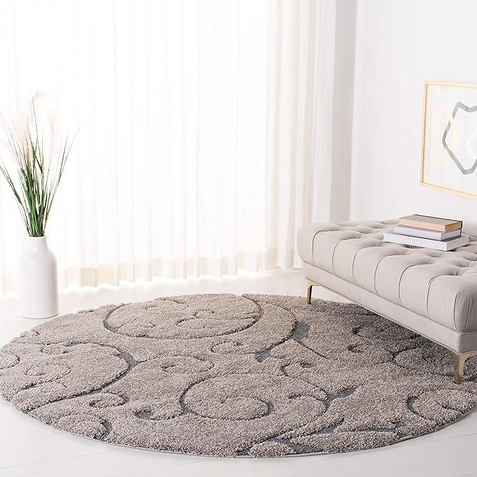 SAFAVIEH Florida Shag Collection Area Rug - 9' Round, Grey & Light Blue, Scroll Design, Non-Shedding & Easy to Clean, High-Low Plush Pile, Ideal for Living Room, Bedroom, Dining Space (SG455-1160)