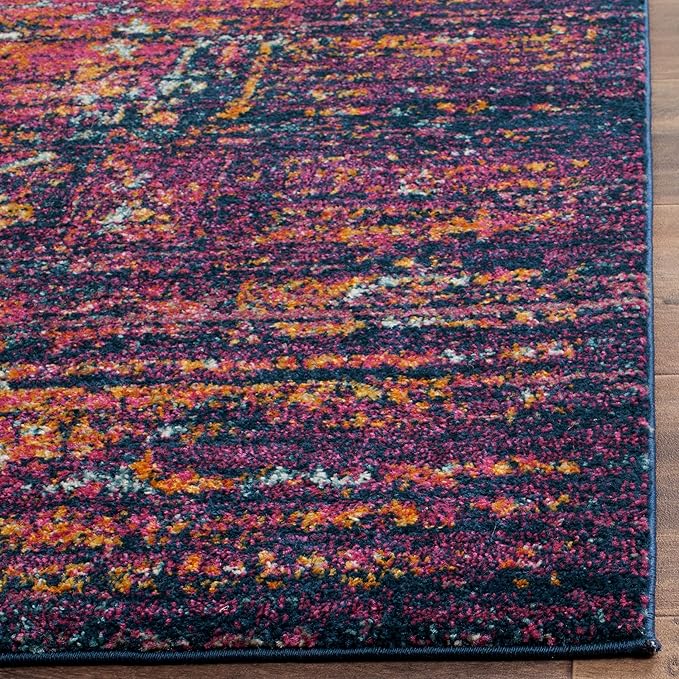 SAFAVIEH Evoke Collection Area Rug - 6'7" Square, Blue & Fuchsia, Oriental Medallion Distressed Design, Non-Shedding & Easy Care, Ideal for High Traffic Areas in Living Room, Bedroom (EVK275F)