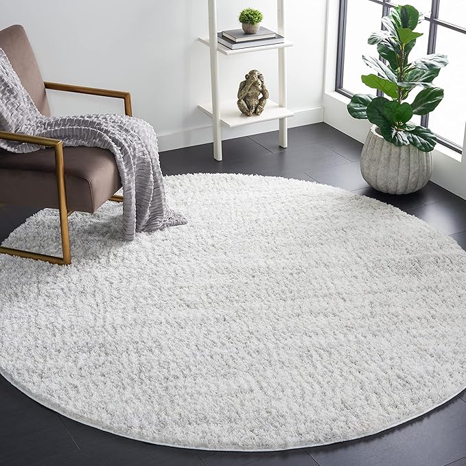 SAFAVIEH Berber Shag Collection Area Rug - 7' Round, Ivory & Light Grey, 1.2-inch Thick Ideal for High Traffic Areas in Living Room, Bedroom (BER563F)