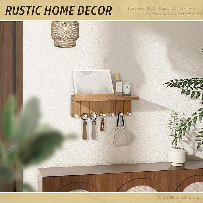 Rebee Vision Decorative Key Holder Wall Mount - Modern Farmhouse Key and Mail Holder for Wall with 7 Hooks and Floating Shelf - The Perfect Apartment Essentials in Your Home Decor (Light Brown)