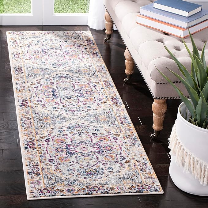 SAFAVIEH Evoke Collection Runner Rug - 2'2" x 7', Ivory & Grey, Oriental Medallion Distressed Design, Non-Shedding & Easy Care, Ideal for High Traffic Areas in Living Room, Bedroom (EVK275A)