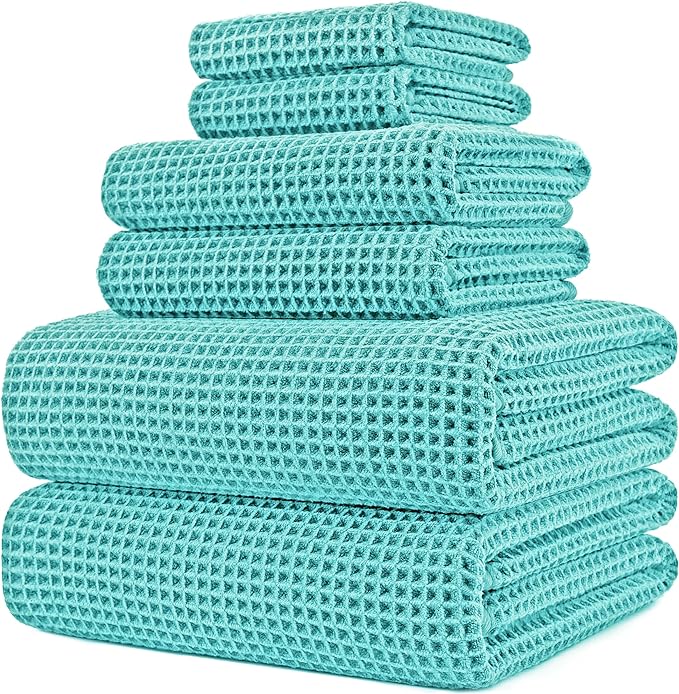 POLYTE 430 GSM Microfiber Quick Dry Lint Free Oversize Bath Towel Set, 6 Piece (Waffle Weave)