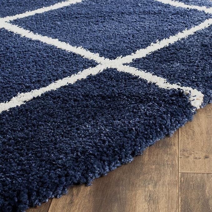 SAFAVIEH Hudson Shag Collection Area Rug - 5' Round, Navy & Ivory, Modern Trellis Design, Non-Shedding & Easy Care, 2-inch Thick Ideal for High Traffic Areas in Living Room, Bedroom (SGH281C)