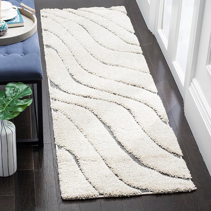 SAFAVIEH Florida Shag Collection Runner Rug - 2'3" x 7', Cream & Grey, Non-Shedding & Easy Care, 1.2-inch Thick Ideal for High Traffic Areas in Living Room, Bedroom (SG472-1180)