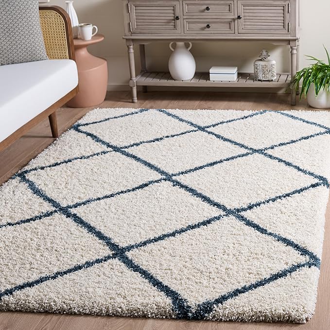 SAFAVIEH Hudson Shag Collection Area Rug - 5'3" x 7'6", Ivory & Slate Blue, Modern Trellis Design, Non-Shedding & Easy Care, 2-inch Thick Ideal for High Traffic Areas in Living Room, Bedroom (SGH281T)