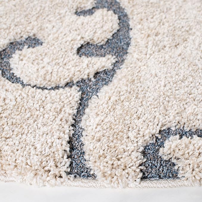 SAFAVIEH Florida Shag Collection Area Rug - 4' Round, Beige & Blue Grey, Scroll Design, Non-Shedding & Easy to Clean, High-Low Plush Pile, Ideal for Living Room, Bedroom, Dining Space (SG455-1155)