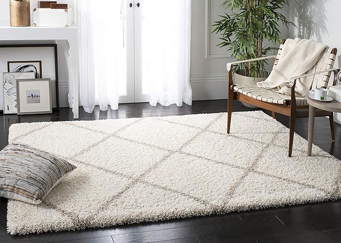 SAFAVIEH Hudson Shag Collection Area Rug - 10' x 14', Ivory & Beige, Modern Trellis Design, Non-Shedding & Easy Care, 2-inch Thick Ideal for High Traffic Areas in Living Room, Bedroom (SGH281D)