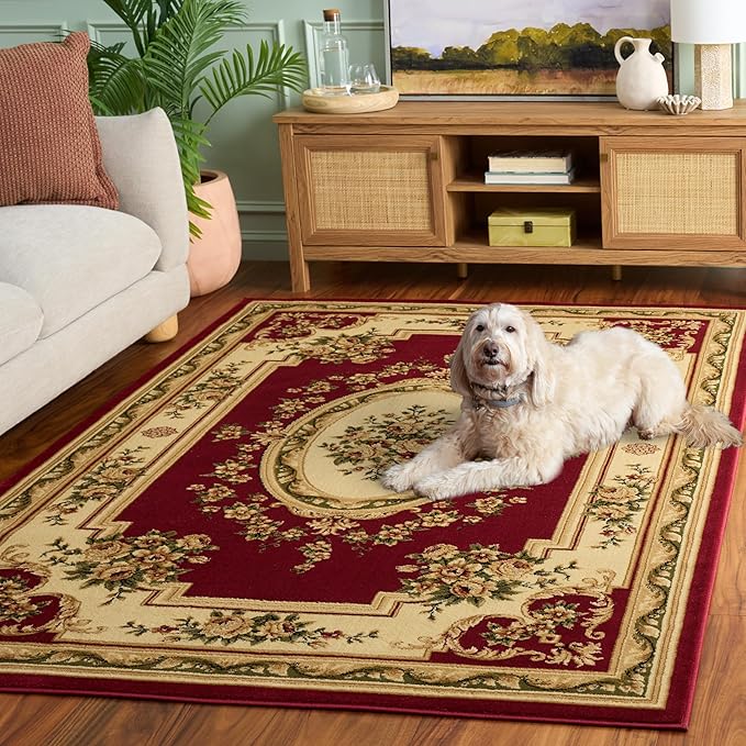 SAFAVIEH Lyndhurst Collection Area Rug - 5'3" x 7'6", Red & Ivory, Traditional European Medallion Design, Non-Shedding & Easy Care, Ideal for High Traffic Areas in Living Room, Bedroom (LNH218C)
