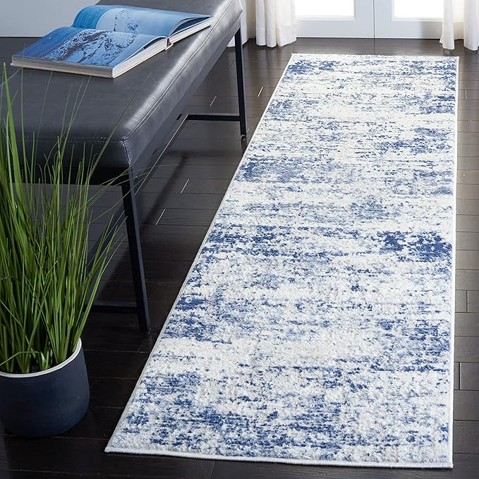 SAFAVIEH Amelia Collection Runner Rug - 2'2" x 18', Ivory & Navy, Modern Abstract Design, Non-Shedding & Easy Care, Ideal for High Traffic Areas in Living Room, Bedroom (ALA700B)