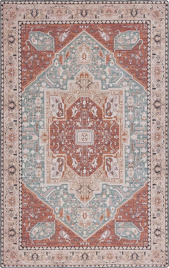 SAFAVIEH Washable Rug Tucson Collection - 6' x 9', Aqua & Rust, Slip Resistant & Easy to Clean, Ideal for Living Room, Bedroom, Dining Space (TSN150J)