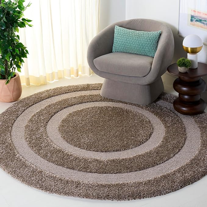 SAFAVIEH Florida Shag Collection Area Rug - 8' Round, Beige & Beige, Non-Shedding, 1.2-inch Thick, Ideal for Living Room, Bedroom, Home Office, Dining Space (SG454-1313-8R)