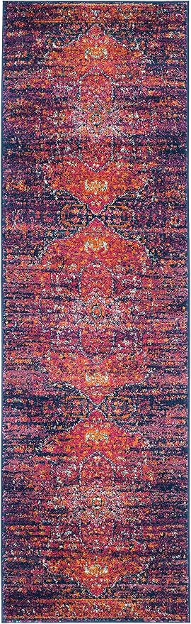 SAFAVIEH Evoke Collection 2'2" x 13' Blue / Fuchsia EVK275F Oriental Medallion Distressed Non-Shedding Living Room Bedroom Runner Rug