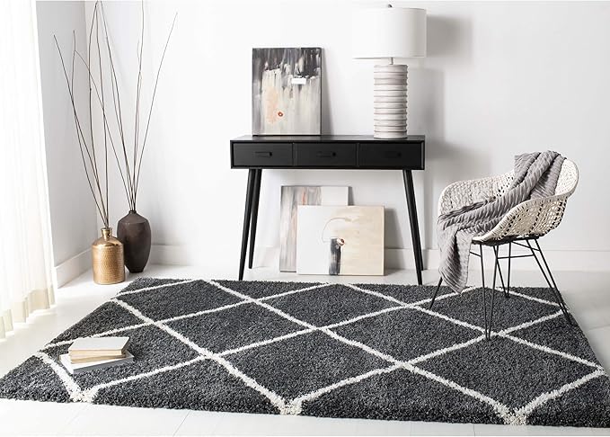 SAFAVIEH Hudson Shag Collection Accent Rug - 2' x 3', Dark Grey & Ivory, Trellis Design, Non-Shedding & Easy Care, 2-inch Thick Ideal for High Traffic Areas in Foyer, Living Room, Bedroom (SGH281G)