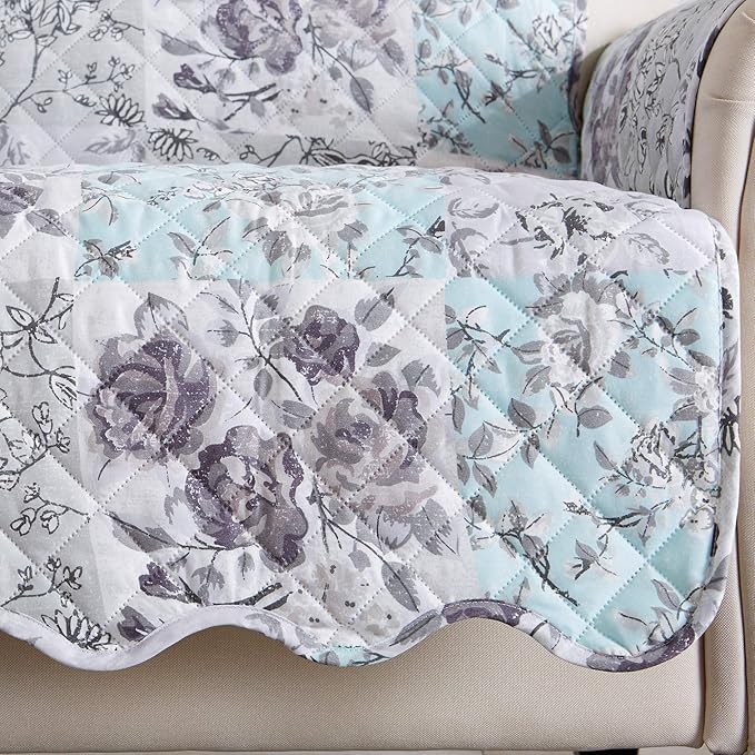 Great Bay Home Reversible Floral Patchwork Furniture Protector - Machine Washable, Scalloped Edge, Stain Resistant, Printed Furniture Cover for Dogs, Kids, and Pets (Sofa, Gray/Aqua)