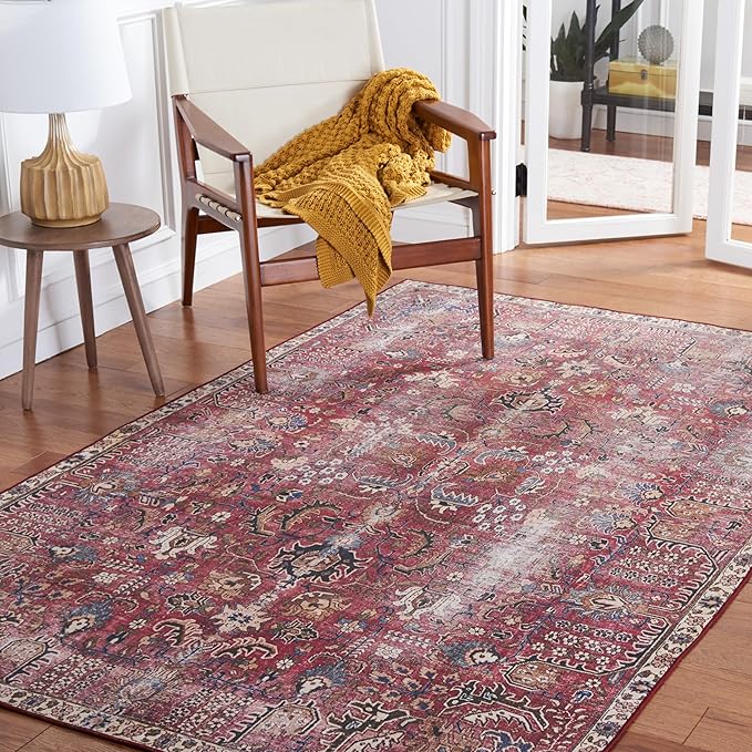 SAFAVIEH Washable Rug Tucson Collection - 4' x 6', Red & Beige, Slip Resistant & Easy to Clean, Ideal for Foyer, Kitchen, Nursery, Office, Bedroom (TSN174Q)