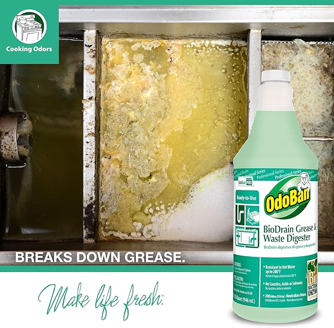 OdoBan Professional Cleaning Ready-to-Use BioDrain Grease and Waste Digester, Made in the USA, Set of 2 Bottles, 32 Ounces Each