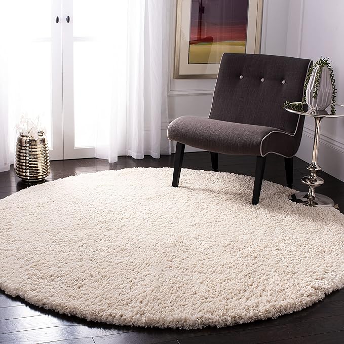 SAFAVIEH Fontana Shag Collection Area Rug - 5'3" Round, Creme, Solid Design, Non-Shedding & Easy Care, 2-inch Thick Ideal for High Traffic Areas in Living Room, Bedroom (FNT800B)