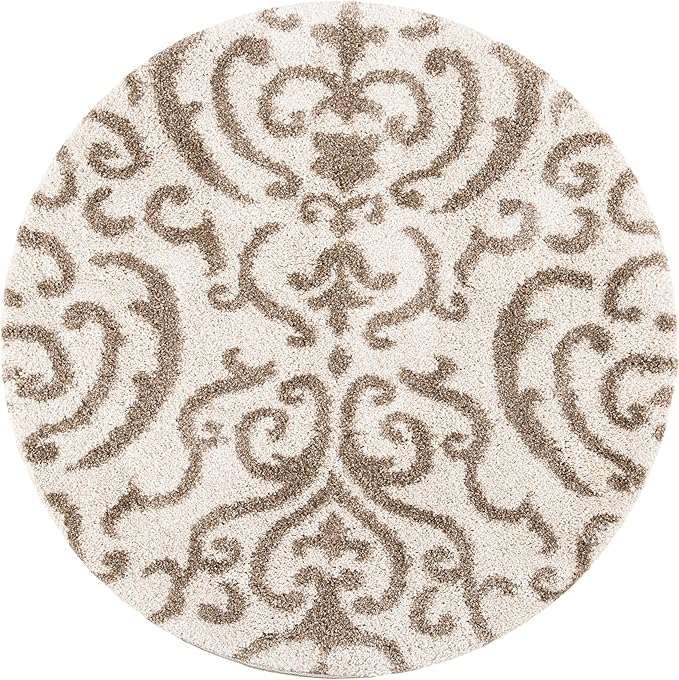 SAFAVIEH Florida Shag Collection 4' Round Cream/Beige SG462 Damask Non-Shedding Living Room Bedroom Dining Room Entryway Plush 1.2-inch Thick Area Rug