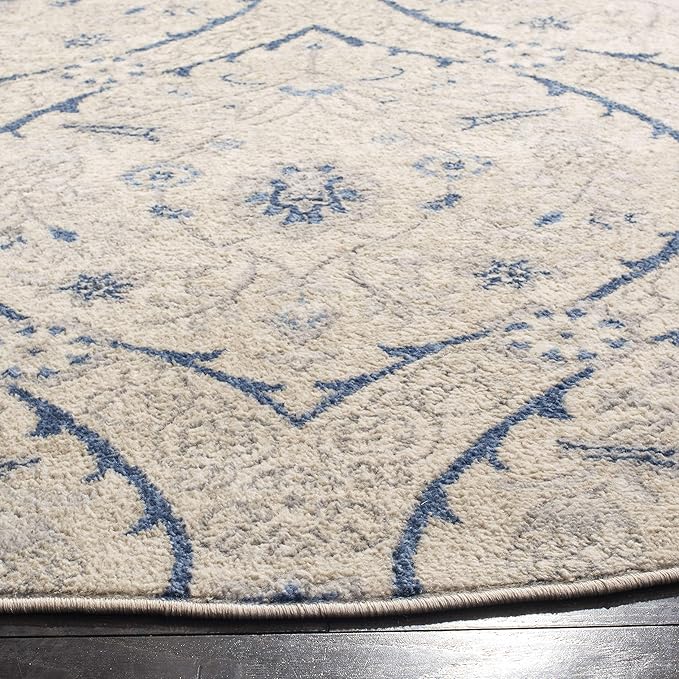 SAFAVIEH Brentwood Collection Area Rug - 6'7" Round, Light Grey & Blue, Floral Damask Ogee Trellis Design, Non-Shedding & Easy Care, Ideal for High Traffic Areas in Living Room, Bedroom (BNT860G)