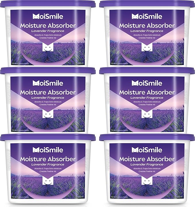 Moisture Absorbers 6 Packs, 10.8OZ Lavender Vanilla Efficient Humidity Absorber ＆ Odor Eliminator Boxes, Refillable Car Dehumidifier for Closet, Bathroom, Basement＆ RV