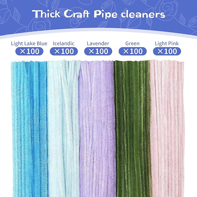 500PCS Pipe Cleaners Craft for Flower - 5 Assorted Colors Chenille Stems Pipe Cleaners Bulk 25sturdy floral stems, 200Stamens, Ribbon, Glue Sticks & Pearls for DIY Bouquets & Home Decor(Blue)