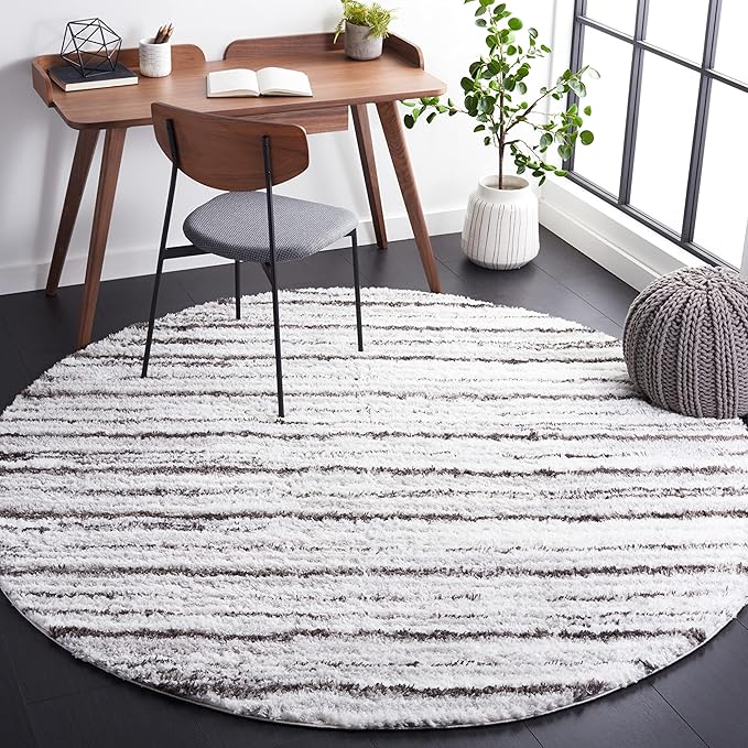SAFAVIEH Berber Shag Collection Area Rug - 7' Round, Grey & Dark Grey, Stripe Design, Non-Shedding & Easy Care, 1.25-inch Thick Ideal for High Traffic Areas in Living Room, Bedroom (BER565F)
