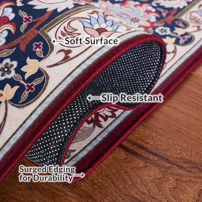 SAFAVIEH Washable Rug Tucson Collection - 2'6" x 10' Runner, Red & Navy, Slip Resistant & Easy to Clean, Ideal for Living Room, Bedroom, Dining Space (TSN135Q)