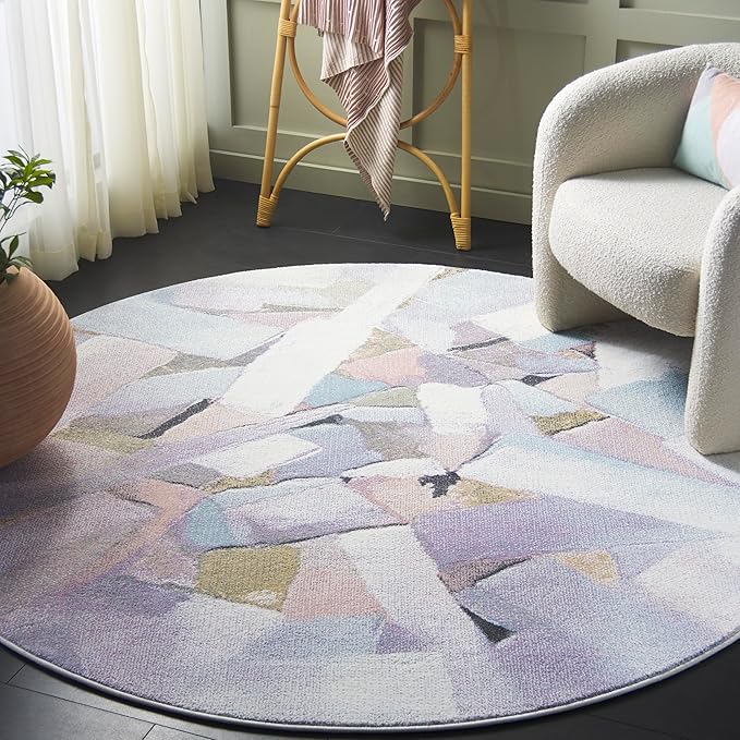 SAFAVIEH Porcello Collection Area Rug - 6'7" Round, Blue & Pink, Modern Abstract Pattern, Non-Shedding & Easy Care, Ideal for Living Room, Foyer, Bedroom (PRL6937J-7R)