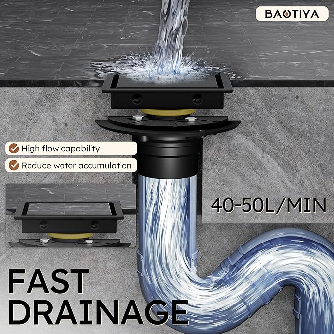6 Inch Square Black Shower Drain with Flange,Modern Floor Drain with 2-in-1 Cover Tiled Insert Grate,SUS 304 Stainless Steel