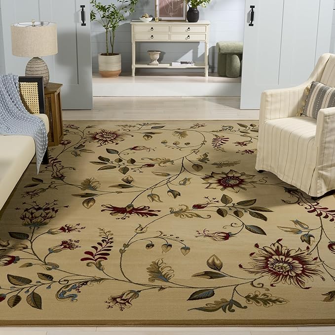 SAFAVIEH Lyndhurst Collection Area Rug - 8'9" x 12', Ivory & Multi, Traditional Floral Design, Non-Shedding & Easy Care, Ideal for High Traffic Areas in Living Room, Bedroom (LNH552-1291)