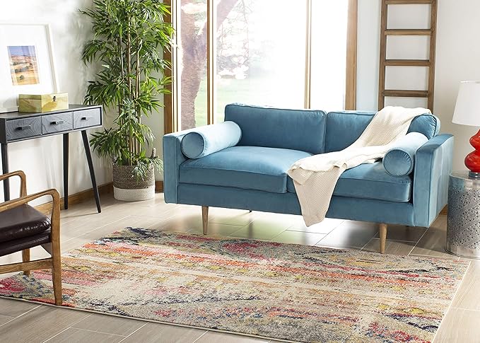 SAFAVIEH Monaco Collection Area Rug - 6'7" x 9'2", Light Grey & Multi, Boho Chic Tribal Distressed Design, Non-Shedding & Easy Care, Ideal for High Traffic Areas in Living Room, Bedroom (MNC222G)
