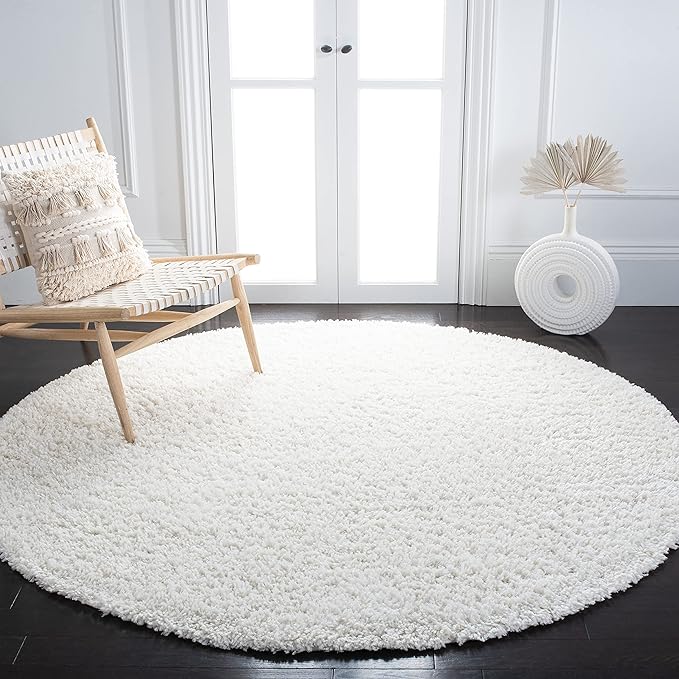 SAFAVIEH August Shag Collection 6'7" Round Ivory AUG200C Solid Non-Shedding Living Room Bedroom Dining Room Entryway Plush 1.5-inch Thick Area Rug