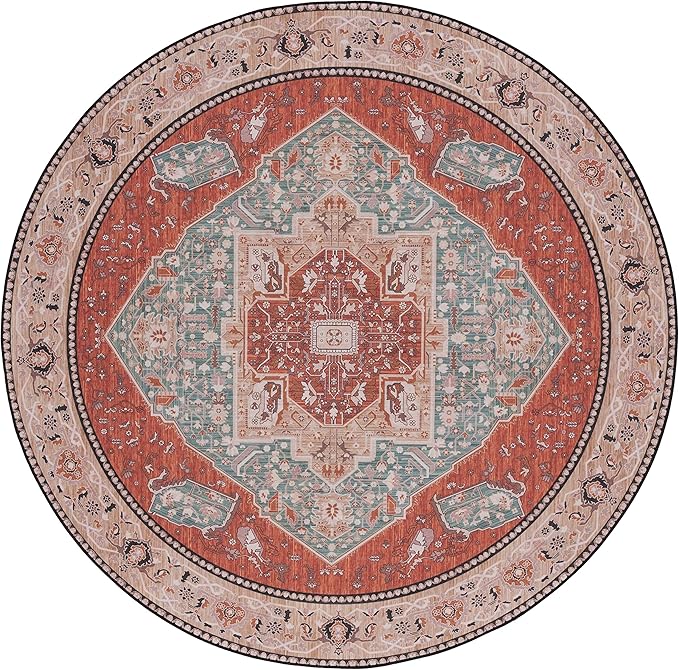 SAFAVIEH Washable Rug Tucson Collection - 8' Round, Aqua & Rust, Slip Resistant & Easy to Clean, Ideal for Living Room, Bedroom, Dining Space (TSN150J)