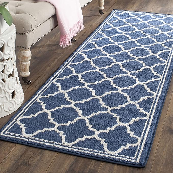 SAFAVIEH Amherst Collection Runner Rug - 2'3" x 21', Navy & Beige, Moroccan Trellis Design, Non-Shedding & Easy Care, Ideal for High Traffic Areas in Living Room, Bedroom (AMT422P)