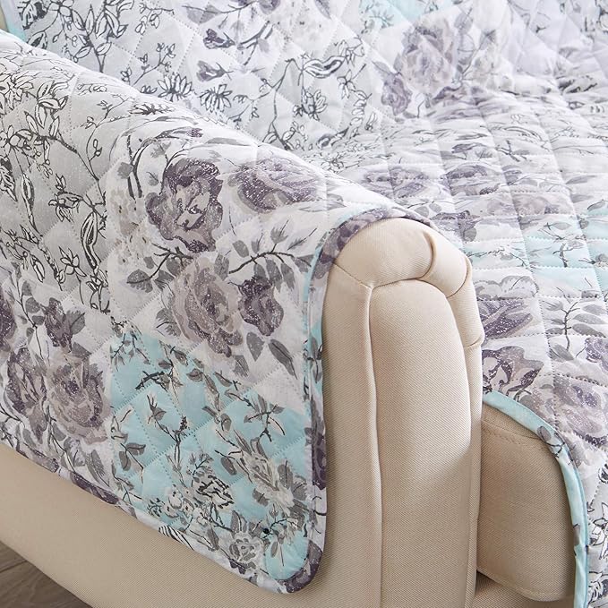 Great Bay Home Reversible Floral Patchwork Furniture Protector - Machine Washable, Scalloped Edge, Stain Resistant, Printed Furniture Cover for Dogs, Kids, and Pets (Sofa, Gray/Aqua)
