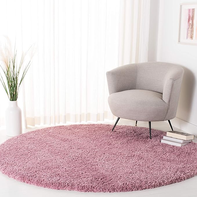 SAFAVIEH Fontana Shag Collection Area Rug - 6'7" Round, Pink, Solid Design, Non-Shedding & Easy Care, 2-inch Thick Ideal for High Traffic Areas in Living Room, Bedroom (FNT800U)