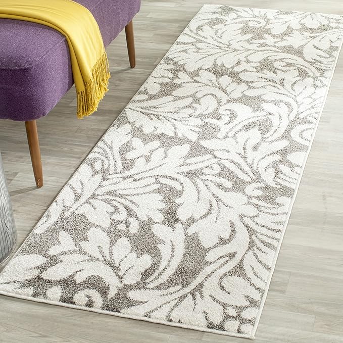 SAFAVIEH Amherst Collection Runner Rug - 2'3" x 7', Dark Grey & Beige, Floral Design, Non-Shedding & Easy Care, Ideal for High Traffic Areas in Living Room, Bedroom (AMT425R)