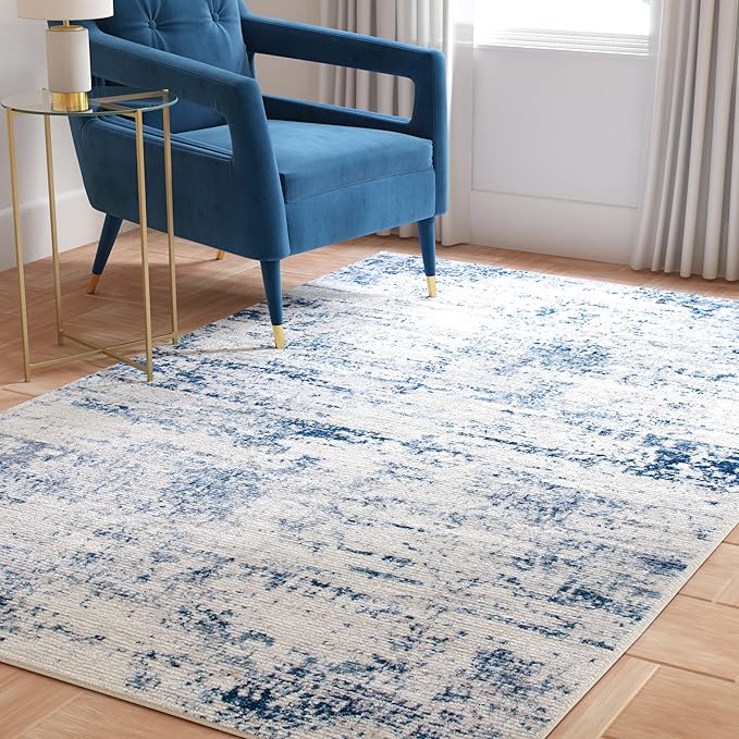 SAFAVIEH Amelia Collection Area Rug - 5'3" Square, Ivory & Navy, Modern Abstract Design, Non-Shedding & Easy Care, Ideal for High Traffic Areas in Living Room, Bedroom (ALA700B)