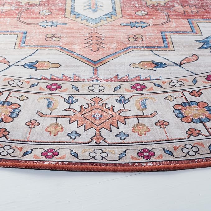 SAFAVIEH Washable Rug Tucson Collection - 5' Round, Beige & Blue, Slip Resistant & Easy to Clean, Ideal for Living Room, Bedroom, Dining Space (TSN109B)